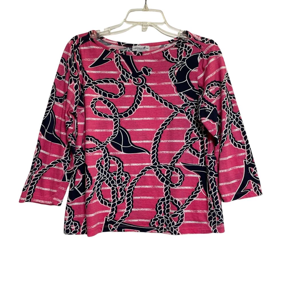 Caribbean Joe & Co. Pullover Blouse, 3/4 Sleeve, Navy/Pink/White, Nautical, M